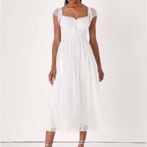 White Midi Swiss Dot Cap-Sleeve Dress